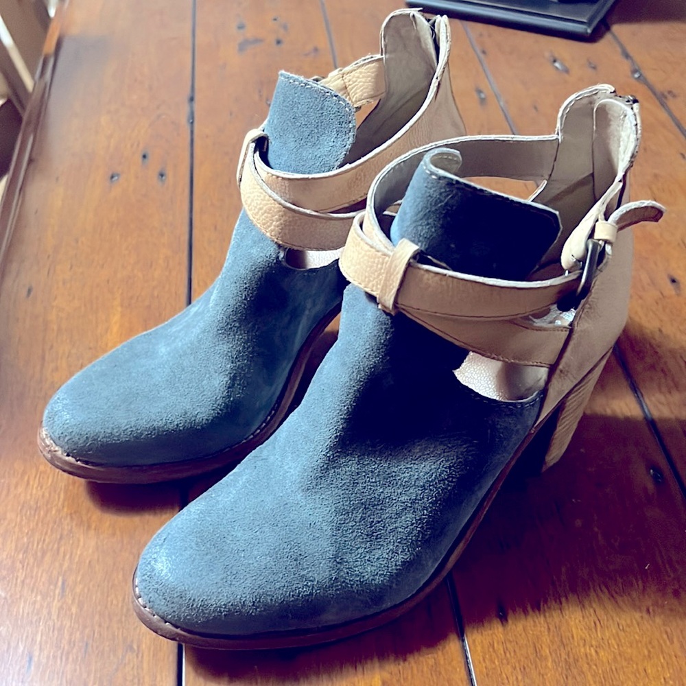 Joe’s blue suede and tan leather booties. Size 8